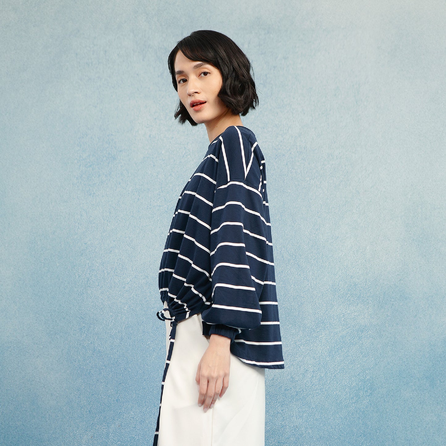 Blanca Navy Top - Blouse Cotton Combed Tali Kerut Adjustable