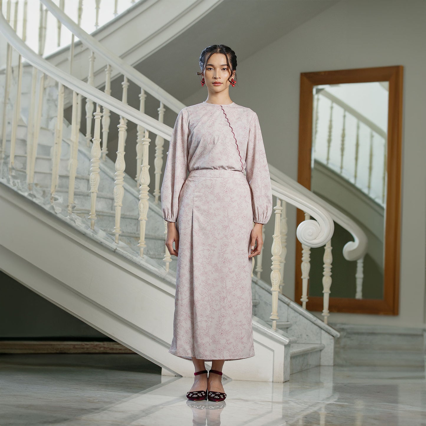 Puspa Pink Skirt - Rok Katun Motif Bunga Silluet Lurus