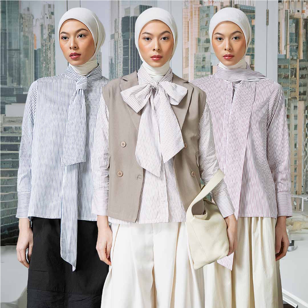 Celva Top - Kemeja Stripe Cotton Kerah Tali