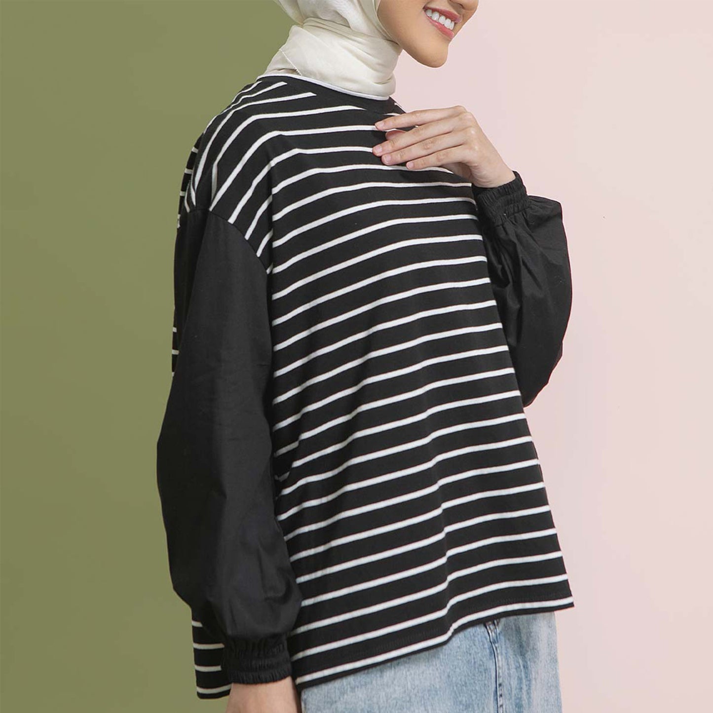 Akanni Black Stripe Top -  Kaos Combed Garis Lengan Balon