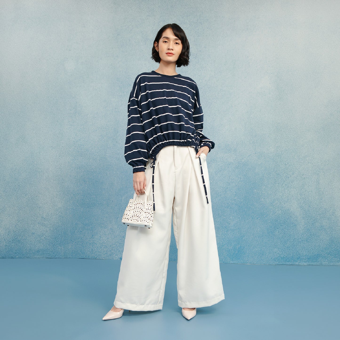 Blanca Navy Top - Blouse Cotton Combed Tali Kerut Adjustable