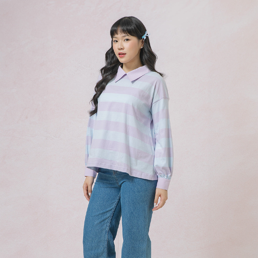 Damia Lilac Blue Top - Kaos Stripe Combed Lembut