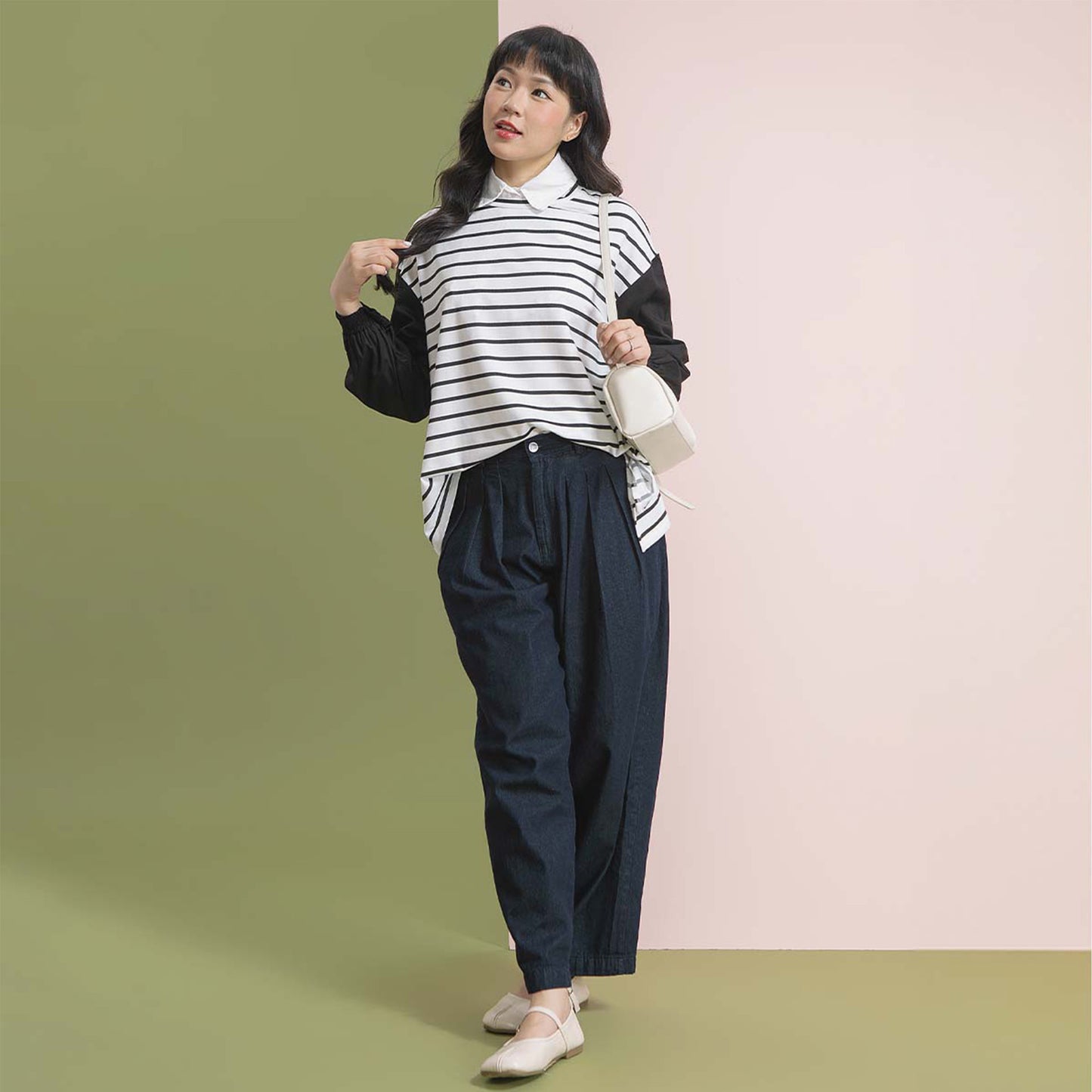 Safiya Broken White Stripe Top -  Kaos Combed Lengan Balon