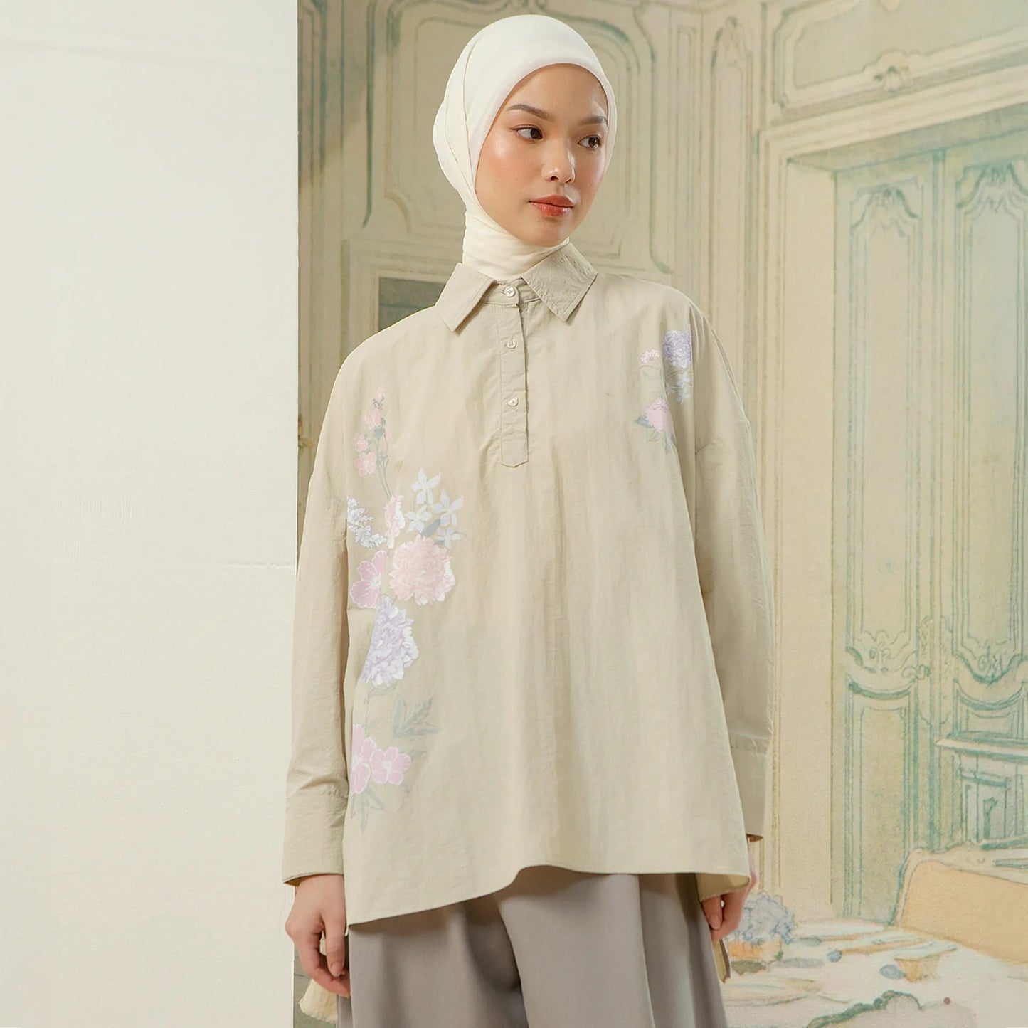 Alera Top - Kemeja Parachute Sablon Bunga | HijabChic
