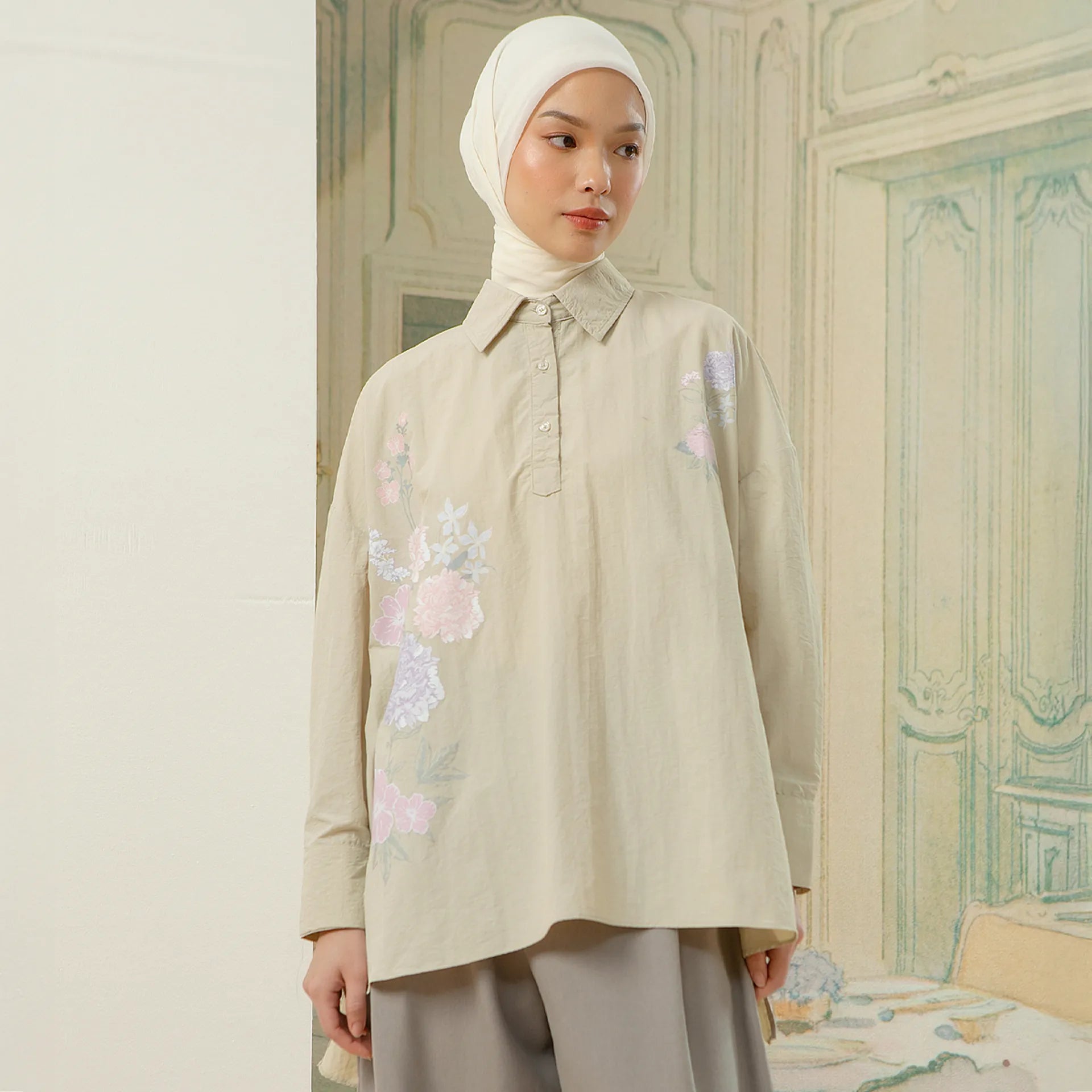 Alera Top - Kemeja Parachute Sablon Bunga | HijabChic