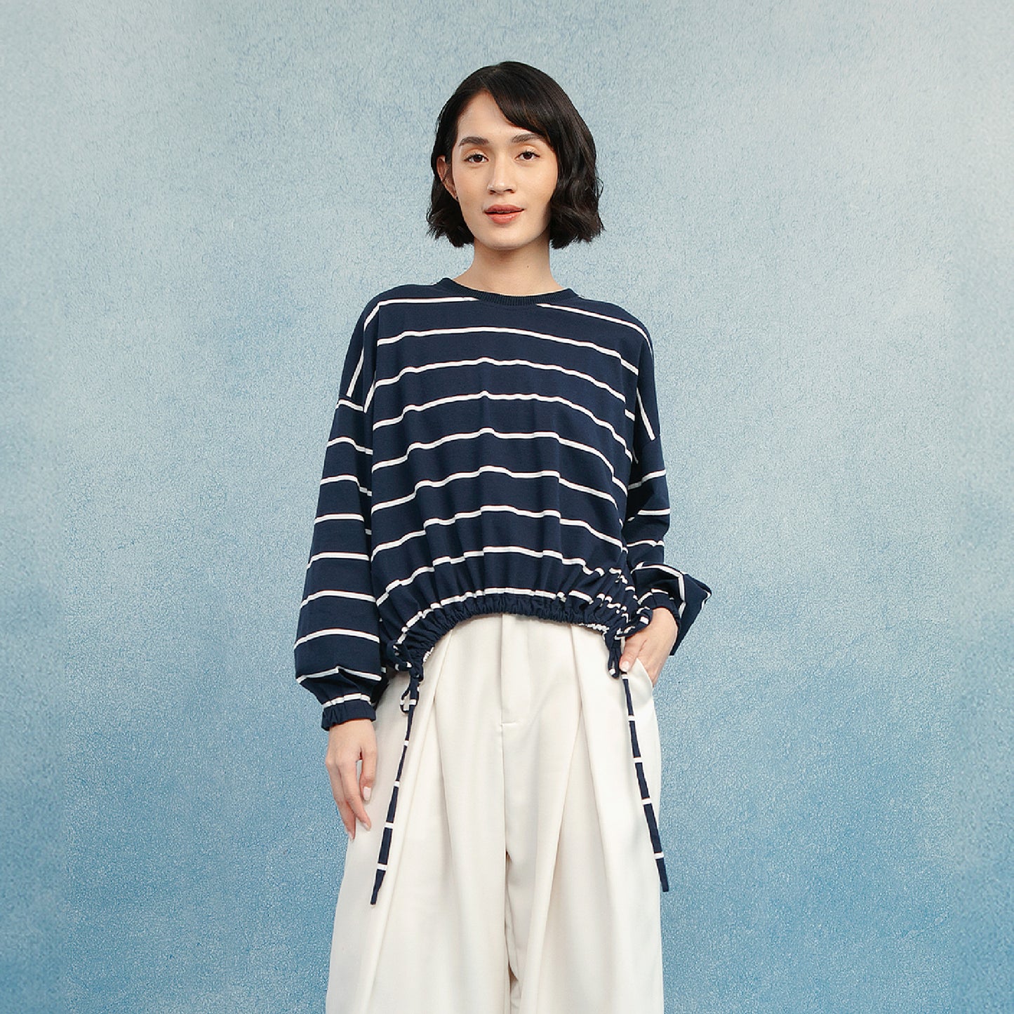 Blanca Navy Top - Blouse Cotton Combed Tali Kerut Adjustable