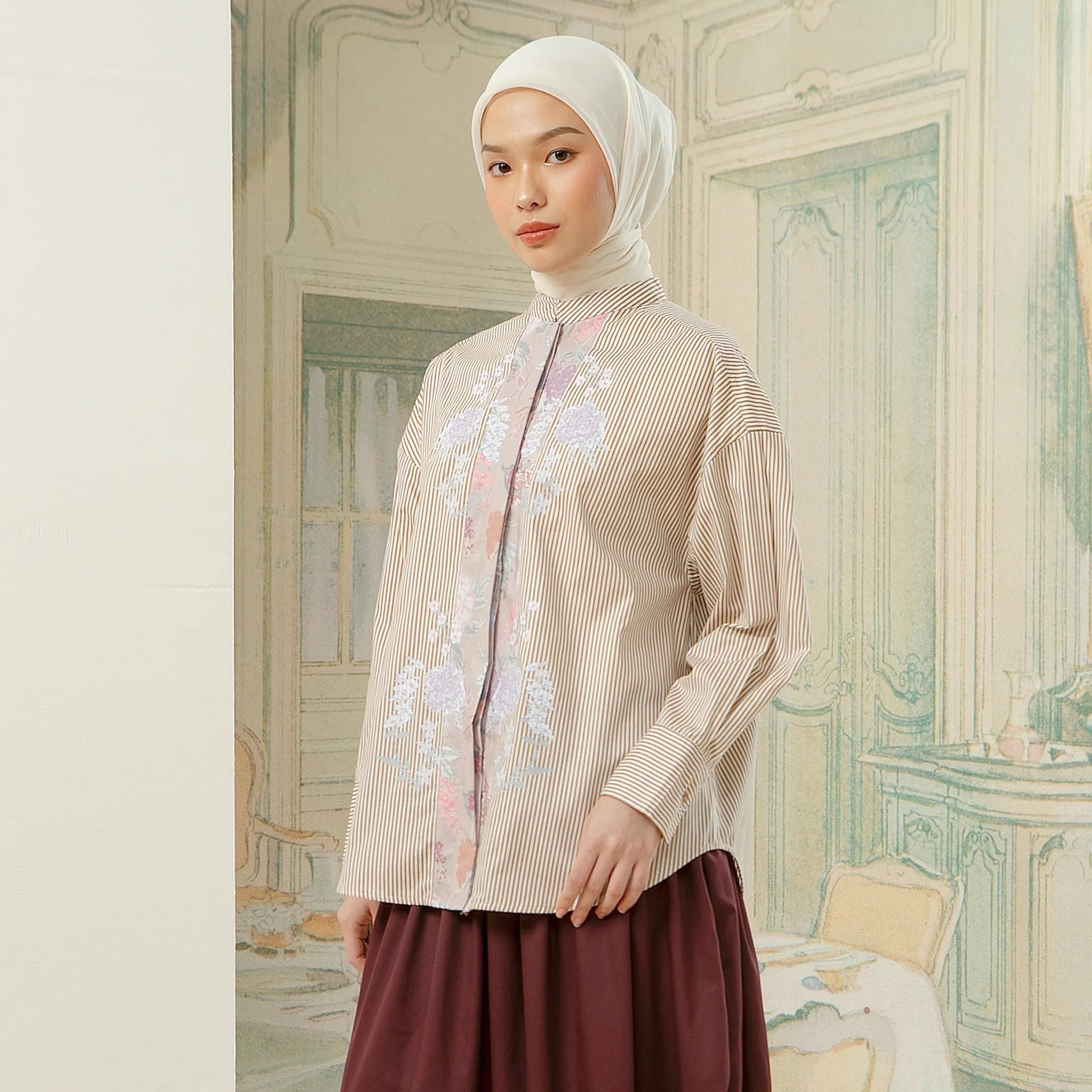 Florence Top - Kemeja Katun Stripe Kombinasi Bunga | HijabChic