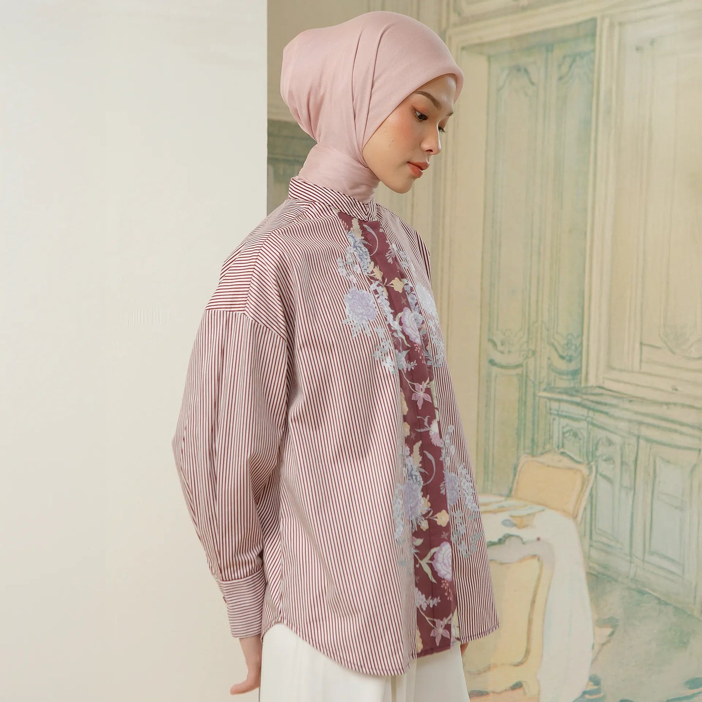 Florence Top - Kemeja Katun Stripe Kombinasi Bunga | HijabChic