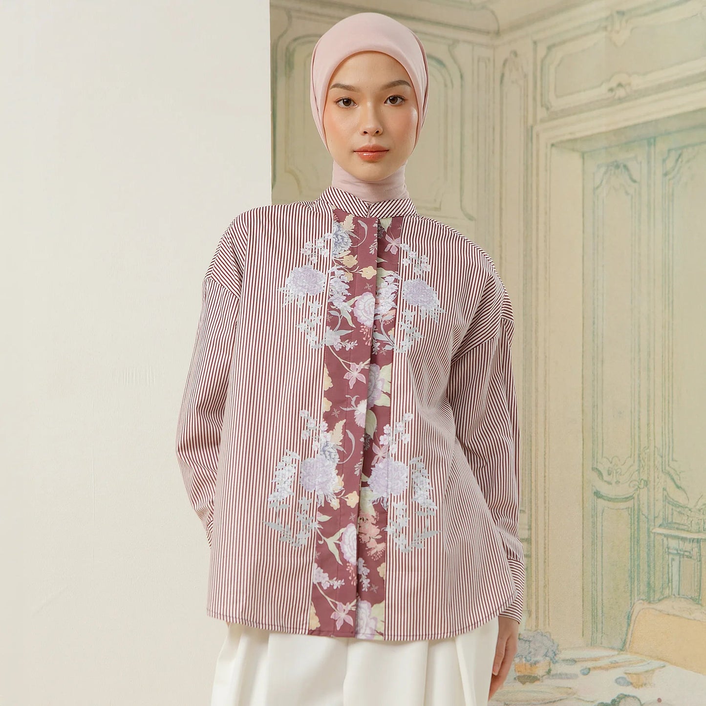 Florence Top - Kemeja Katun Stripe Kombinasi Bunga | HijabChic