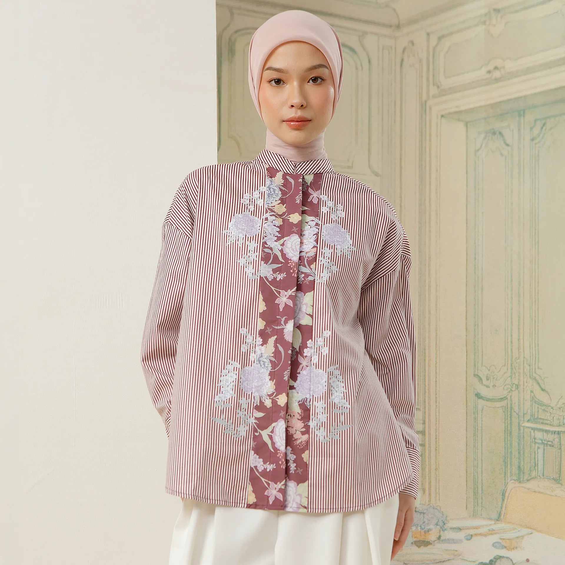 Florence Top - Kemeja Katun Stripe Kombinasi Bunga | HijabChic