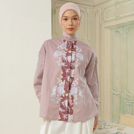 Florence Top - Kemeja Katun Stripe Kombinasi Bunga | HijabChic