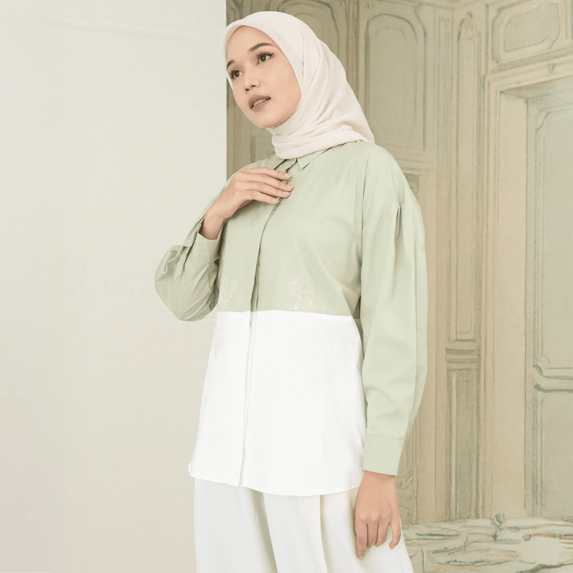 Laya Top - Kemeja Katun Bordir Two Tone Color | HijabChic