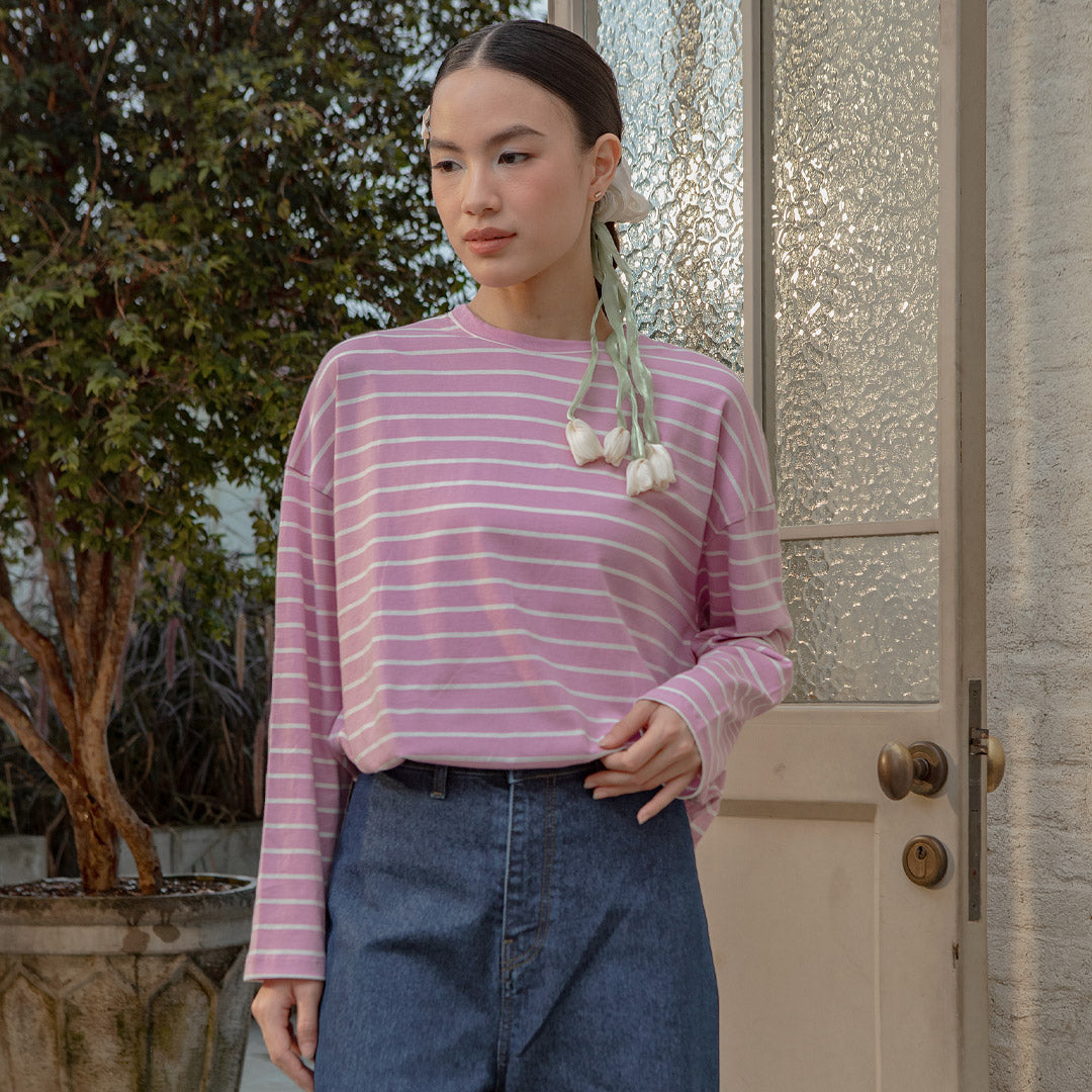 Mayumi Dusty Pink White Stripe Tops