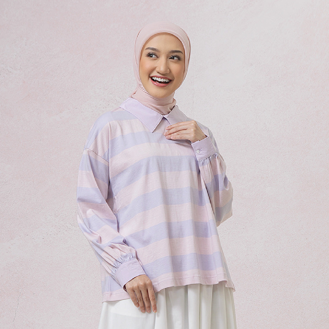 Damia Lilac Pink Top - Kaos Stripe Combed Lembut