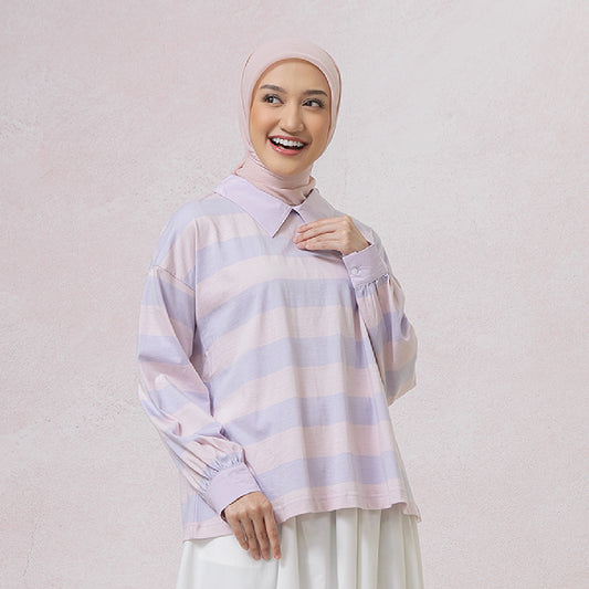 Damia Lilac Pink Top - Kaos Stripe Combed Lembut