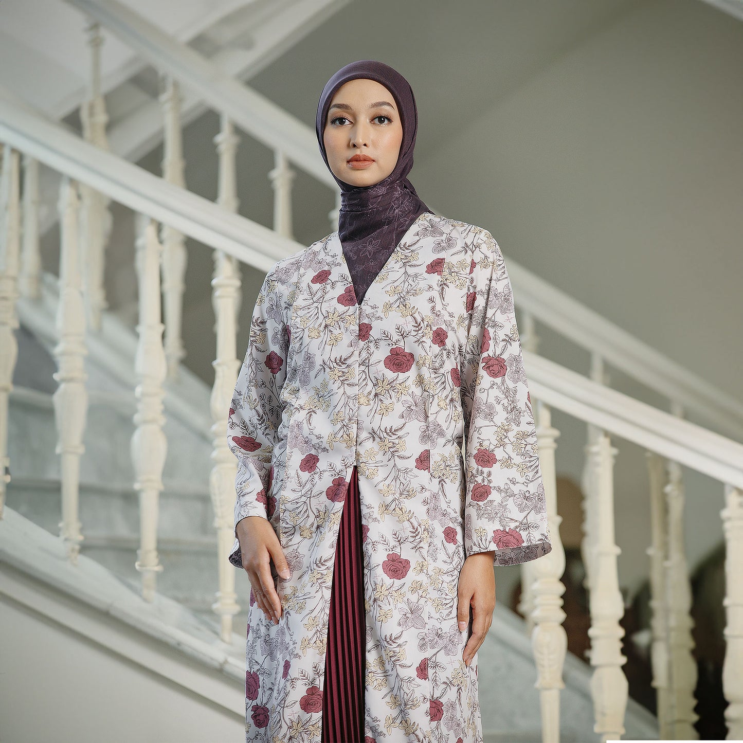 Jelita Red Tunic - Tunik Katun Motif Bunga V-Neck