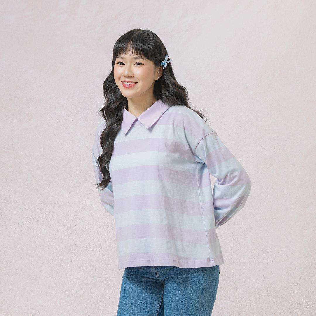 Damia Lilac Blue Top - Kaos Stripe Combed Lembut