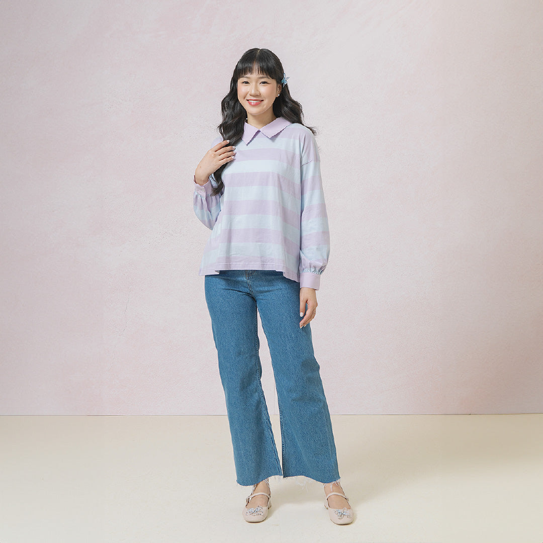 Damia Lilac Blue Top - Kaos Stripe Combed Lembut
