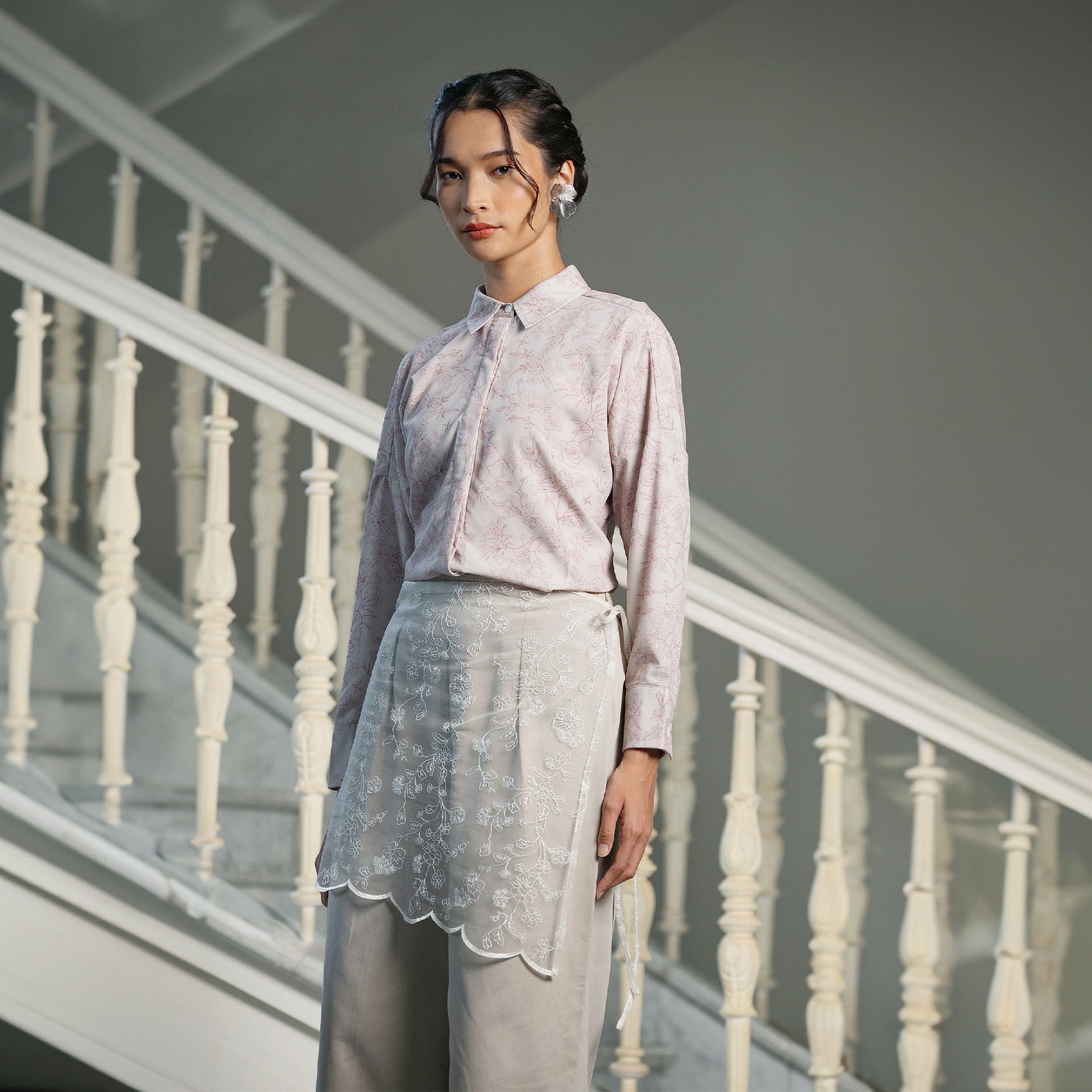 Magani Stone Grey Pants - Celana Lurus Lace Apron
