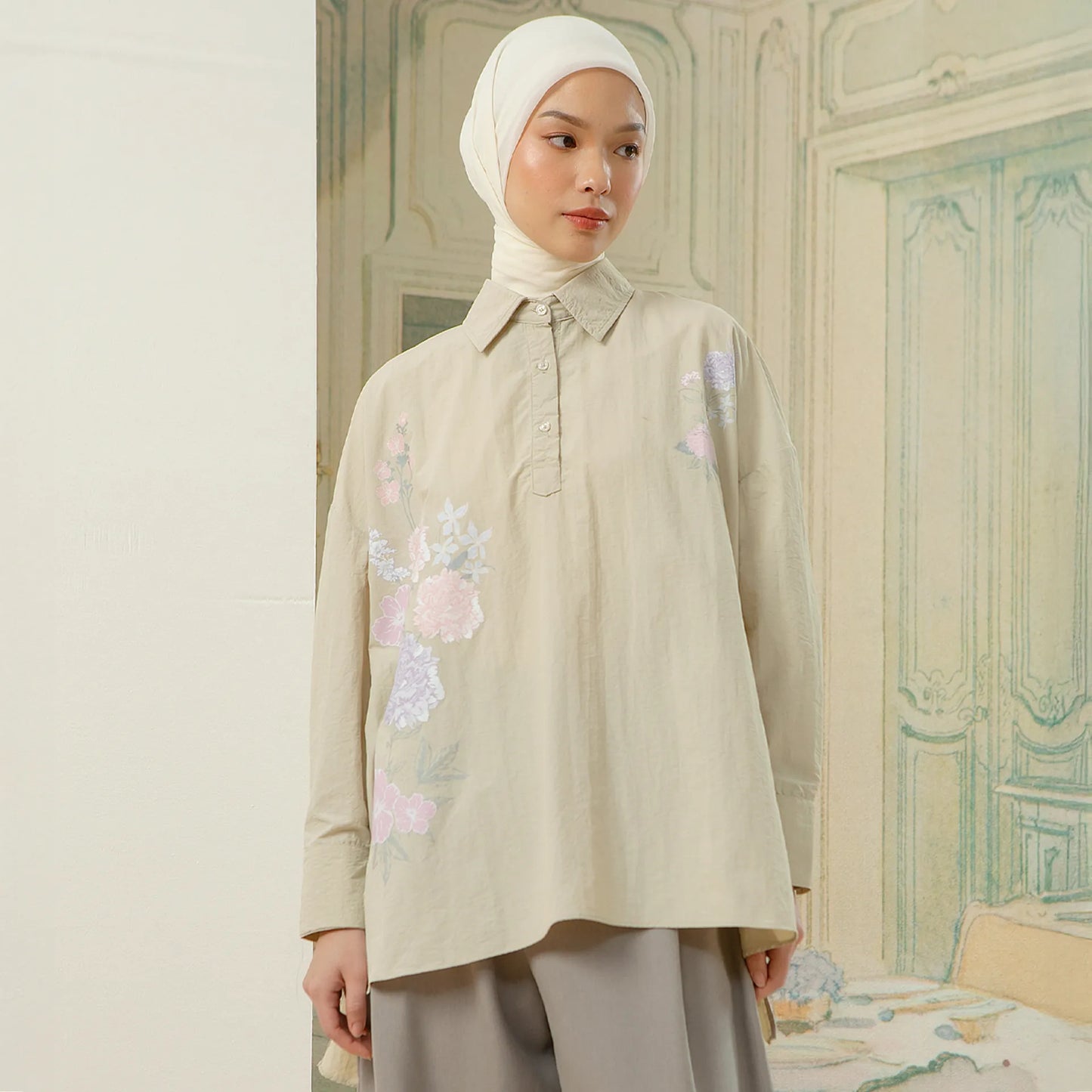 Alera Top - Kemeja Parachute Sablon Bunga