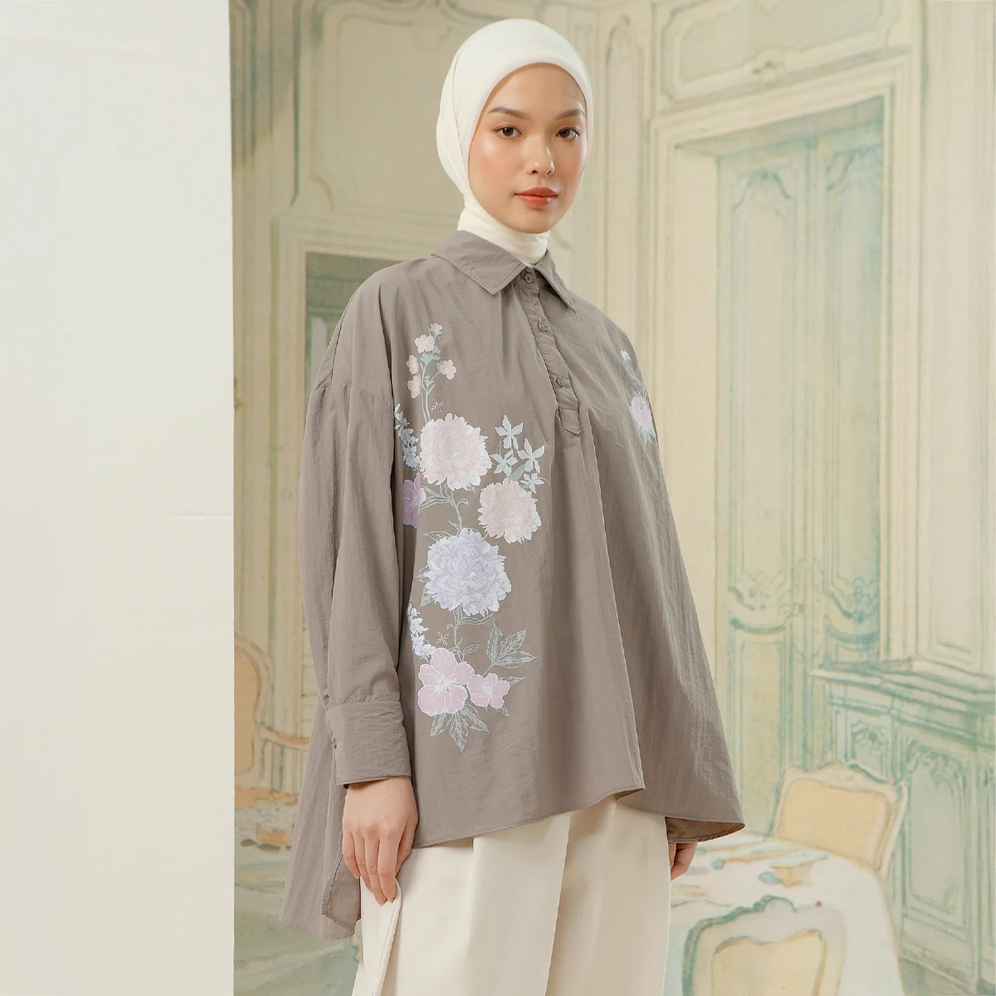 Alera Top - Kemeja Parachute Sablon Bunga