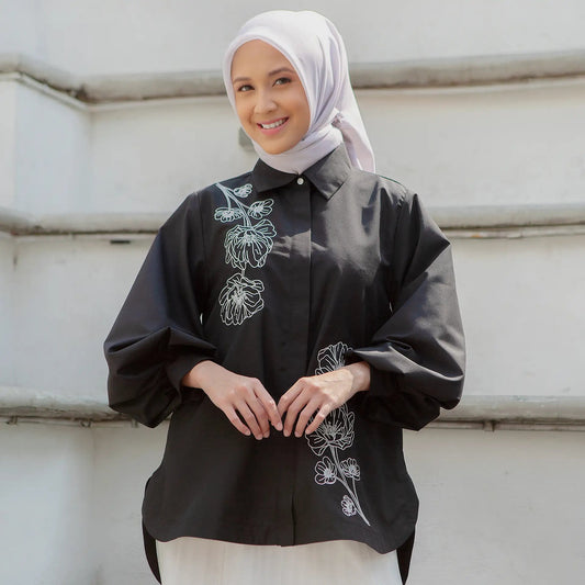 laeticia embroidery black top hijabchic kemeja hitam