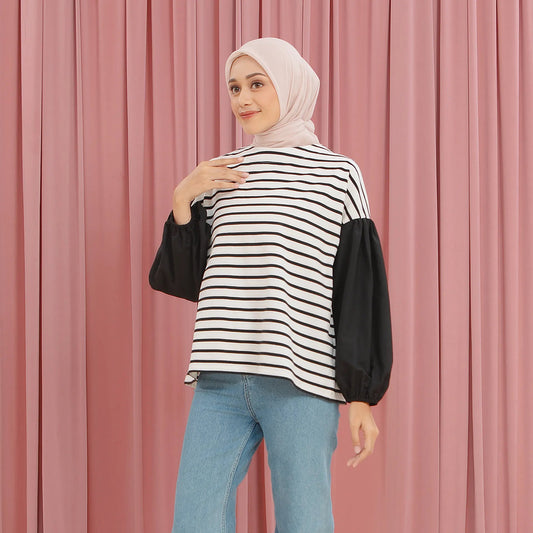 Sandy Black White Stripe Tops | HijabChic