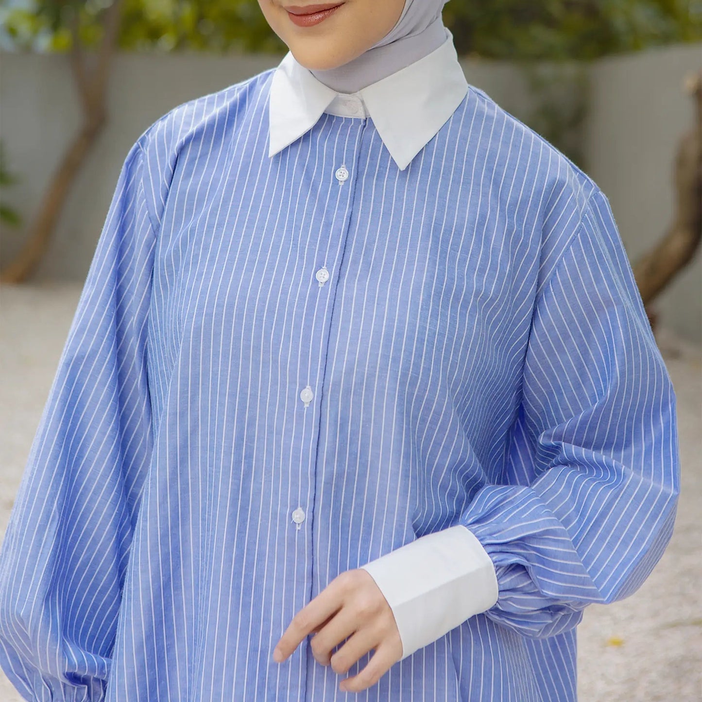 jasmine blue stripe top hijabchic kemeja stripe biru