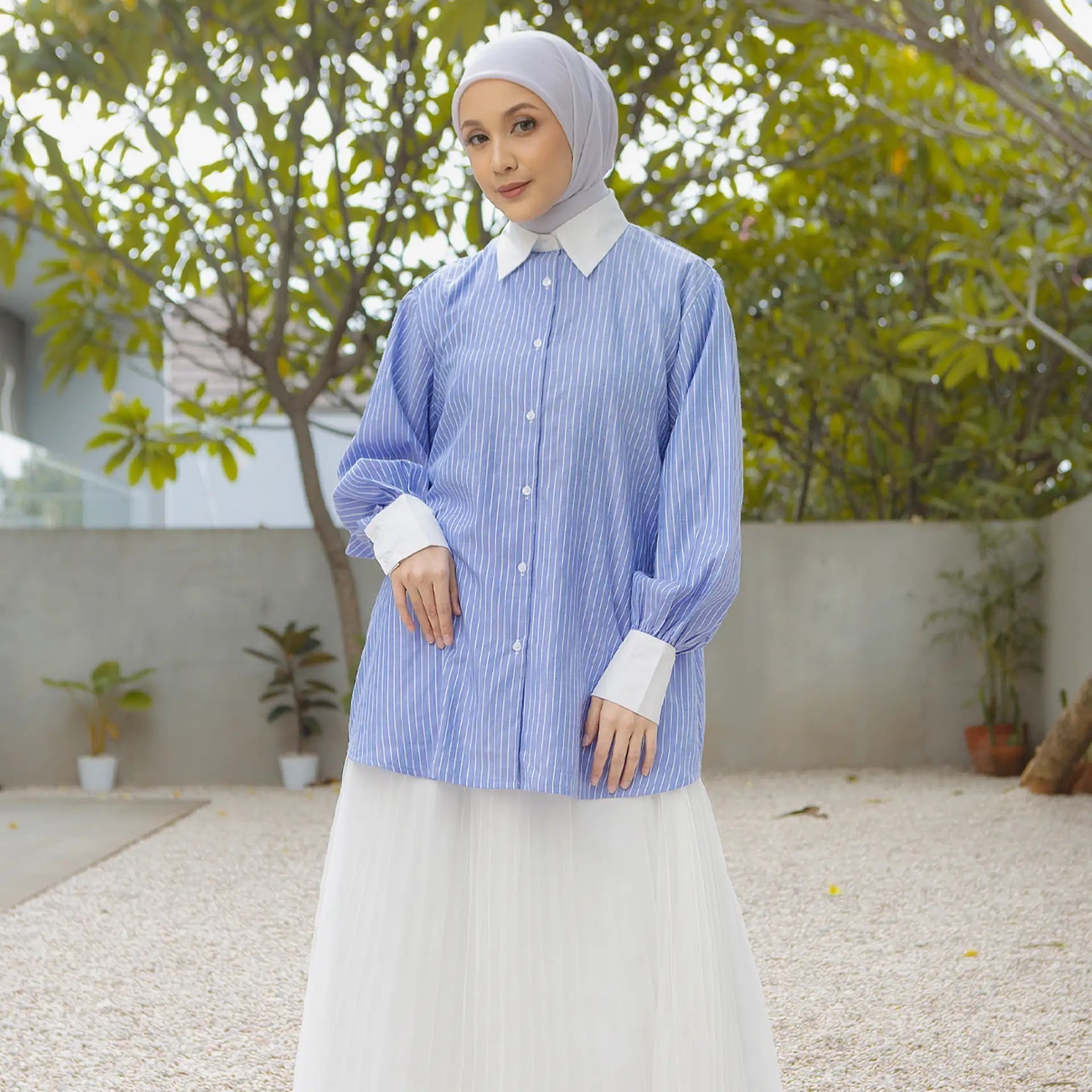 jasmine blue stripe top hijabchic kemeja stripe biru