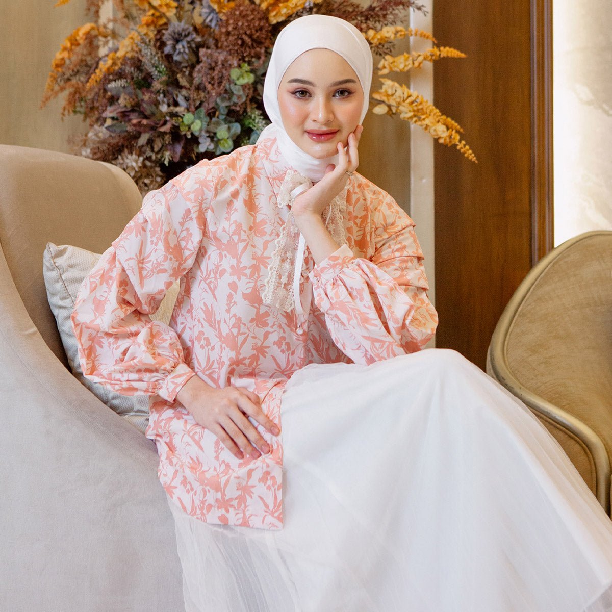 charlotte blushing peach top hijabchic sabrina sosiawan atasan kemeja pattern
