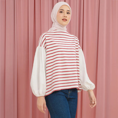 Sandy Cherry Red Stripe Tops | HijabChic