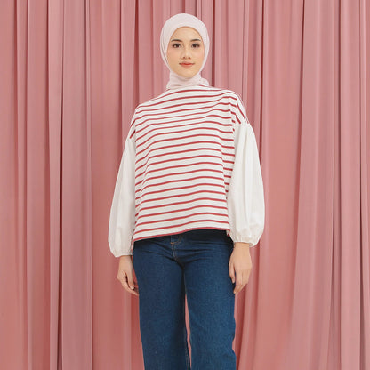 Sandy Cherry Red Stripe Tops | HijabChic