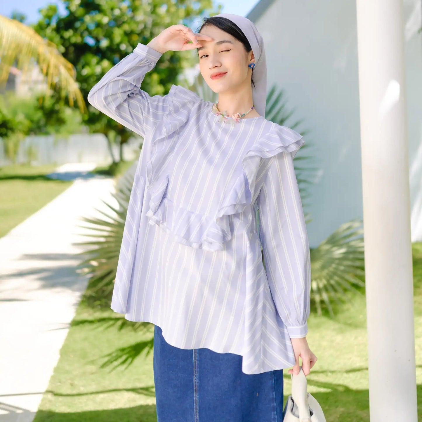 Zalina Dusty Blue Stripe Tops