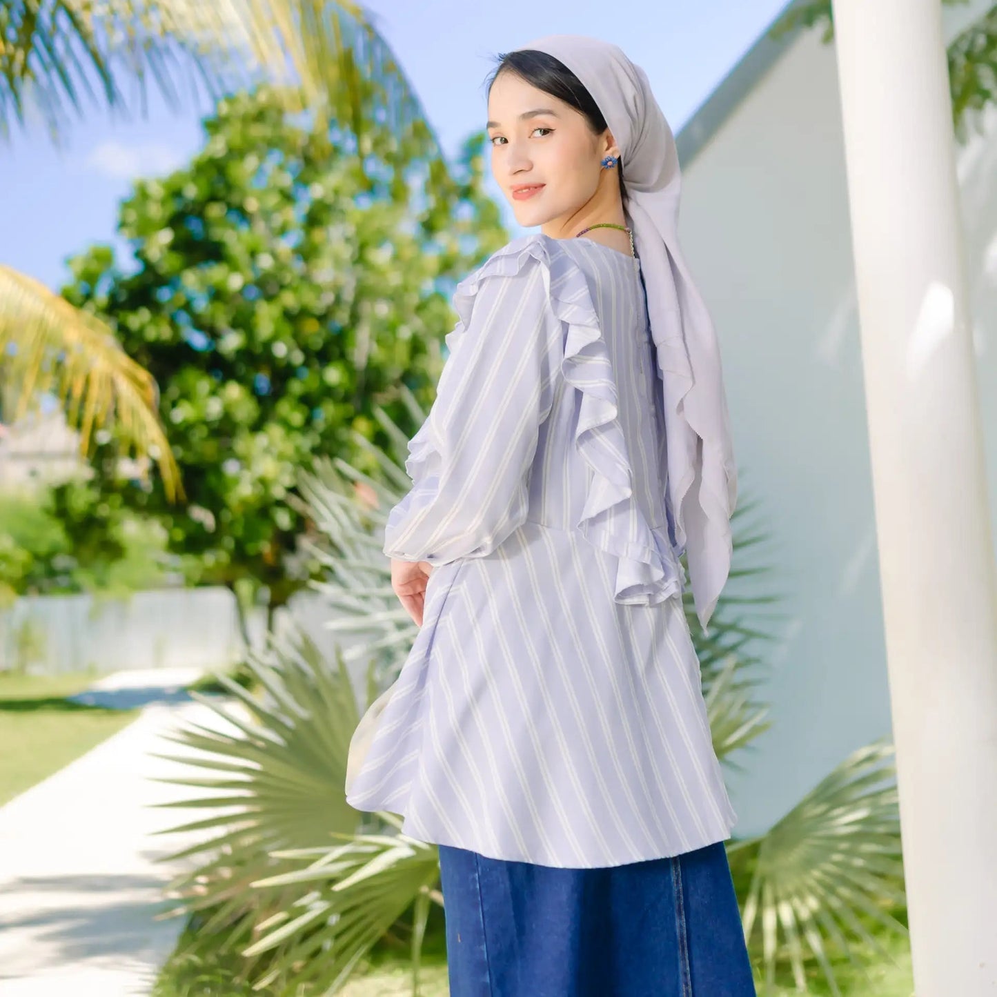 Zalina Dusty Blue Stripe Tops