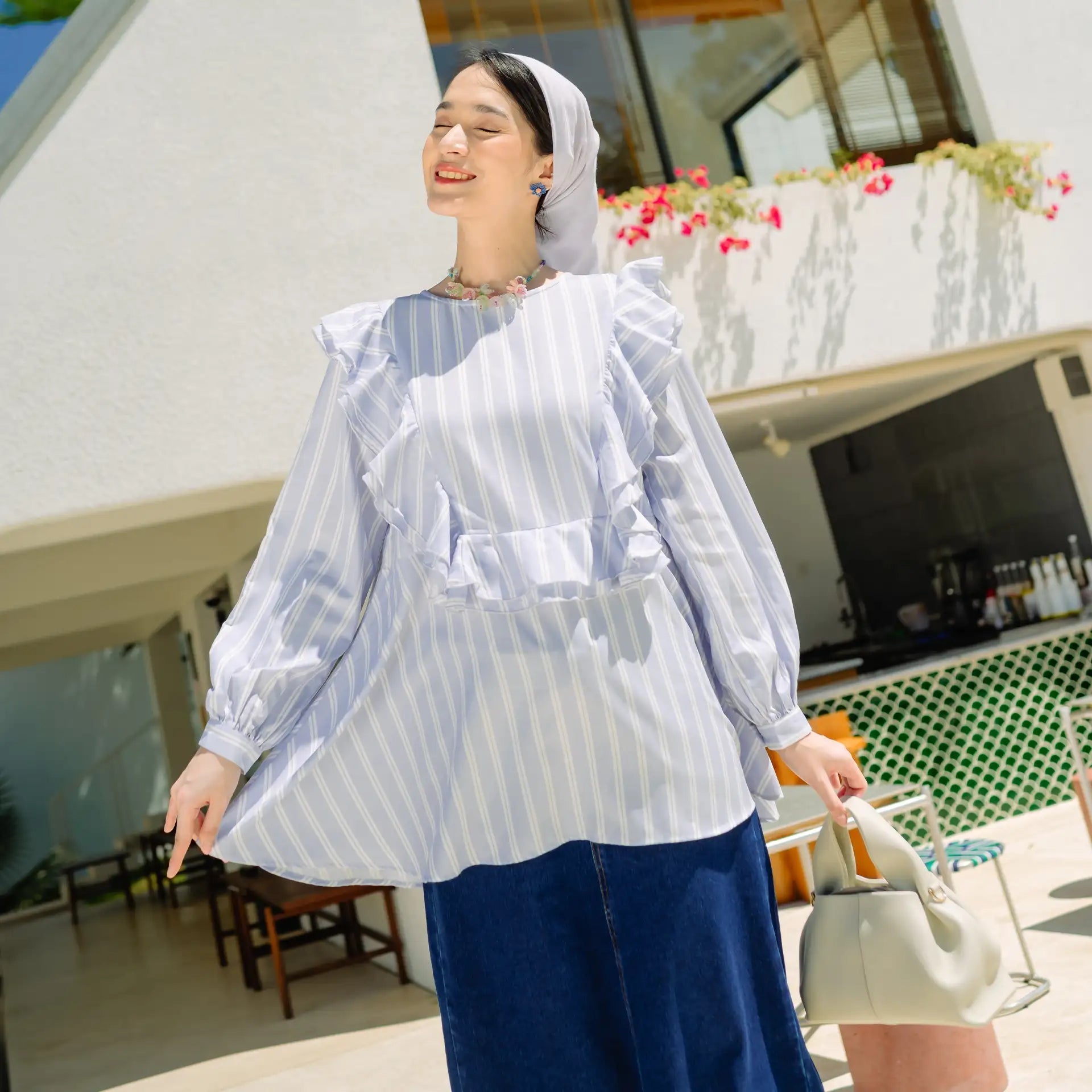 Zalina Dusty Blue Stripe Tops HijabChic