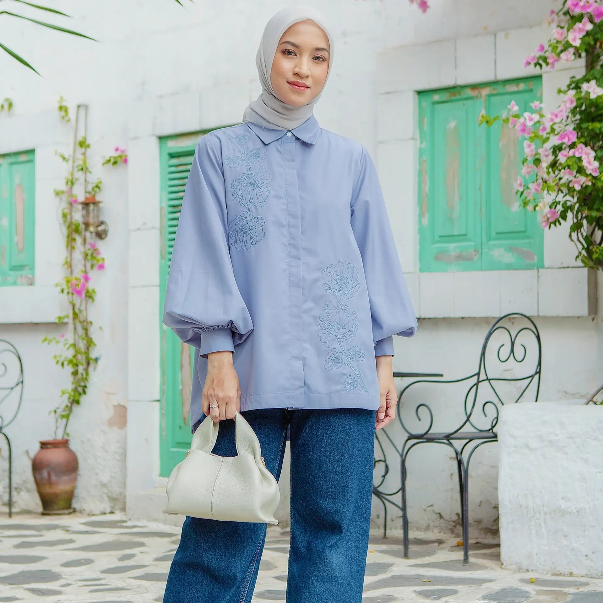 Laeticia Embroidery Dusty Blue Top HIjabChic kemeja wanita