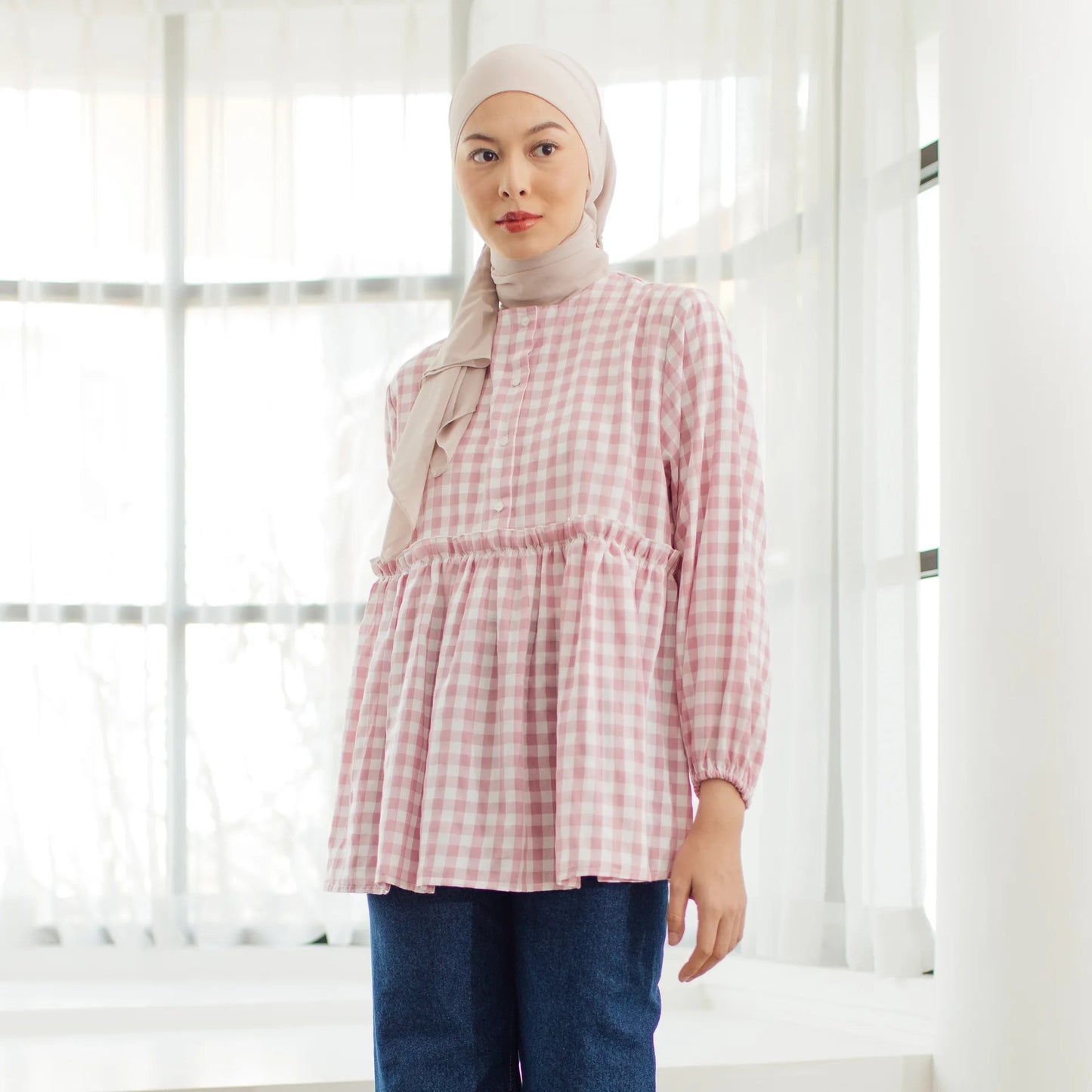 Lana Gingham Dusty Pink Tops | HijabChic
