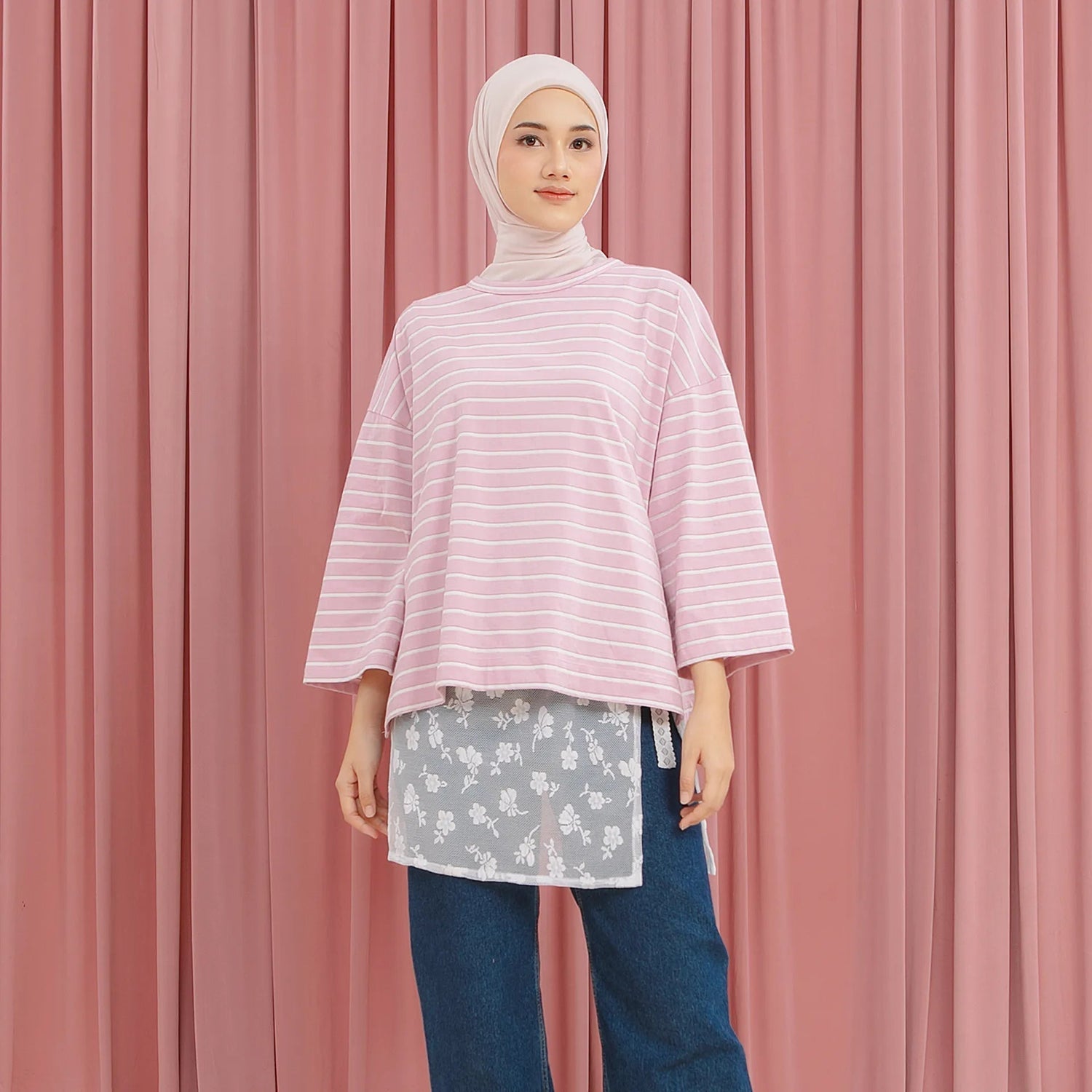 Megumi Dusty Pink Stripe Tops | HijabChic