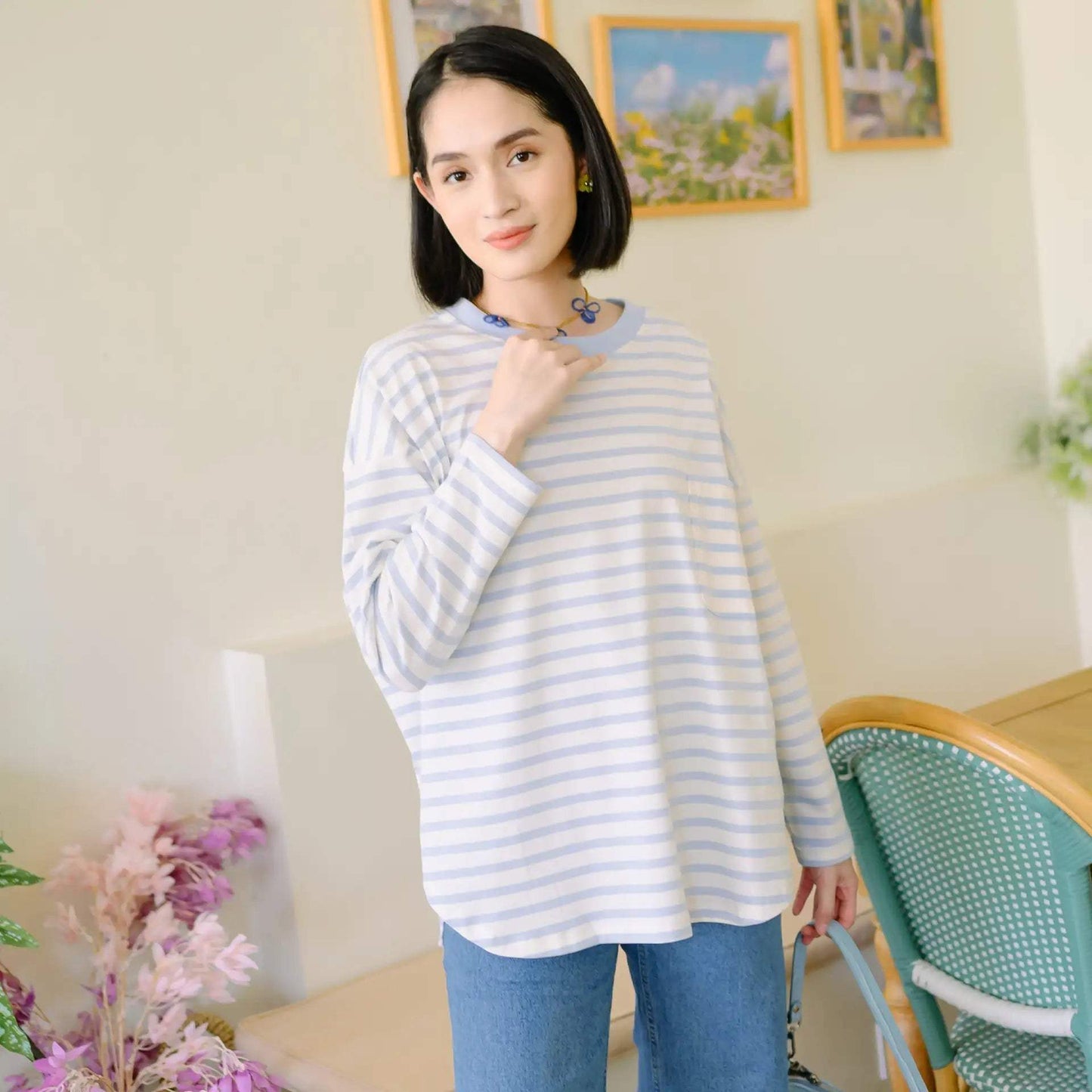 fahira dusty blue top hijabchic atasan salur biru 1