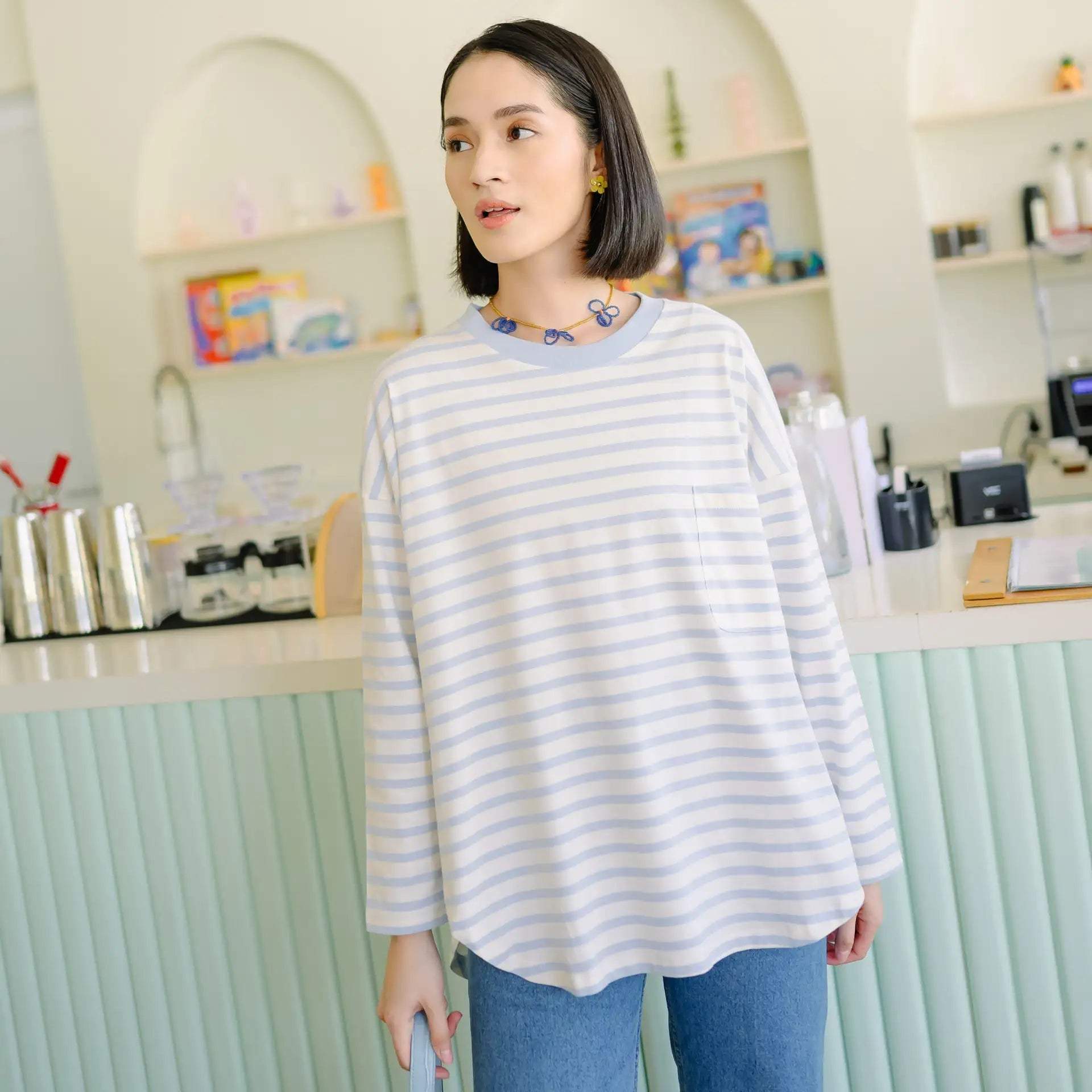 fahira dusty blue top hijabchic atasan salur biru 2