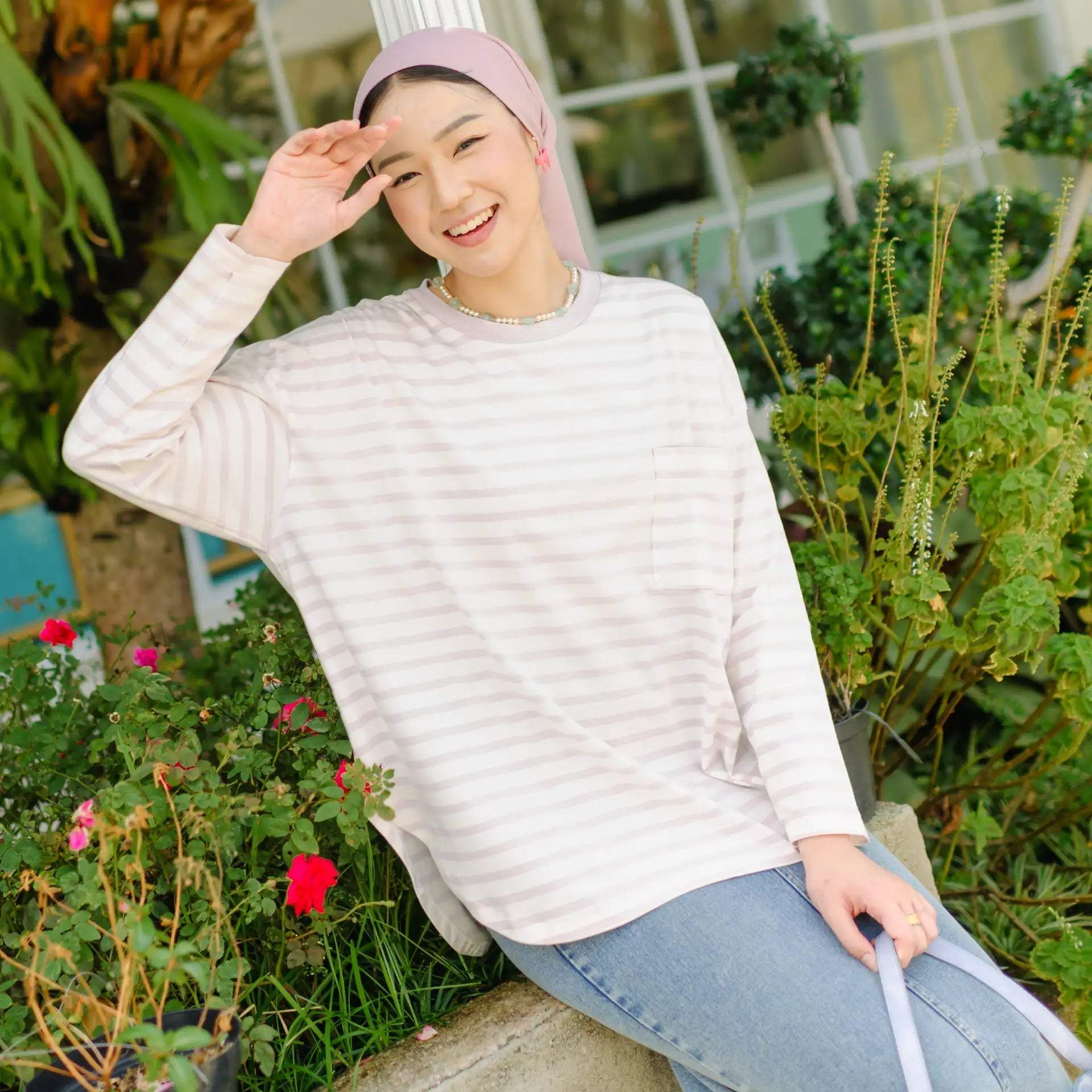 Fahira Soft Pink Top HijabChic atasan blouse stripe 2