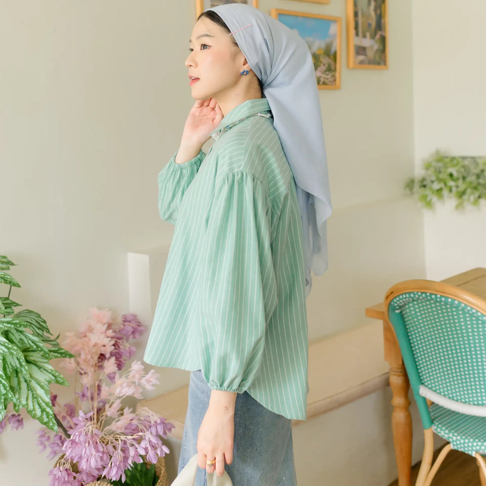 Mirai Jade Green Stripe Top HijabChic atasan kemeja 6