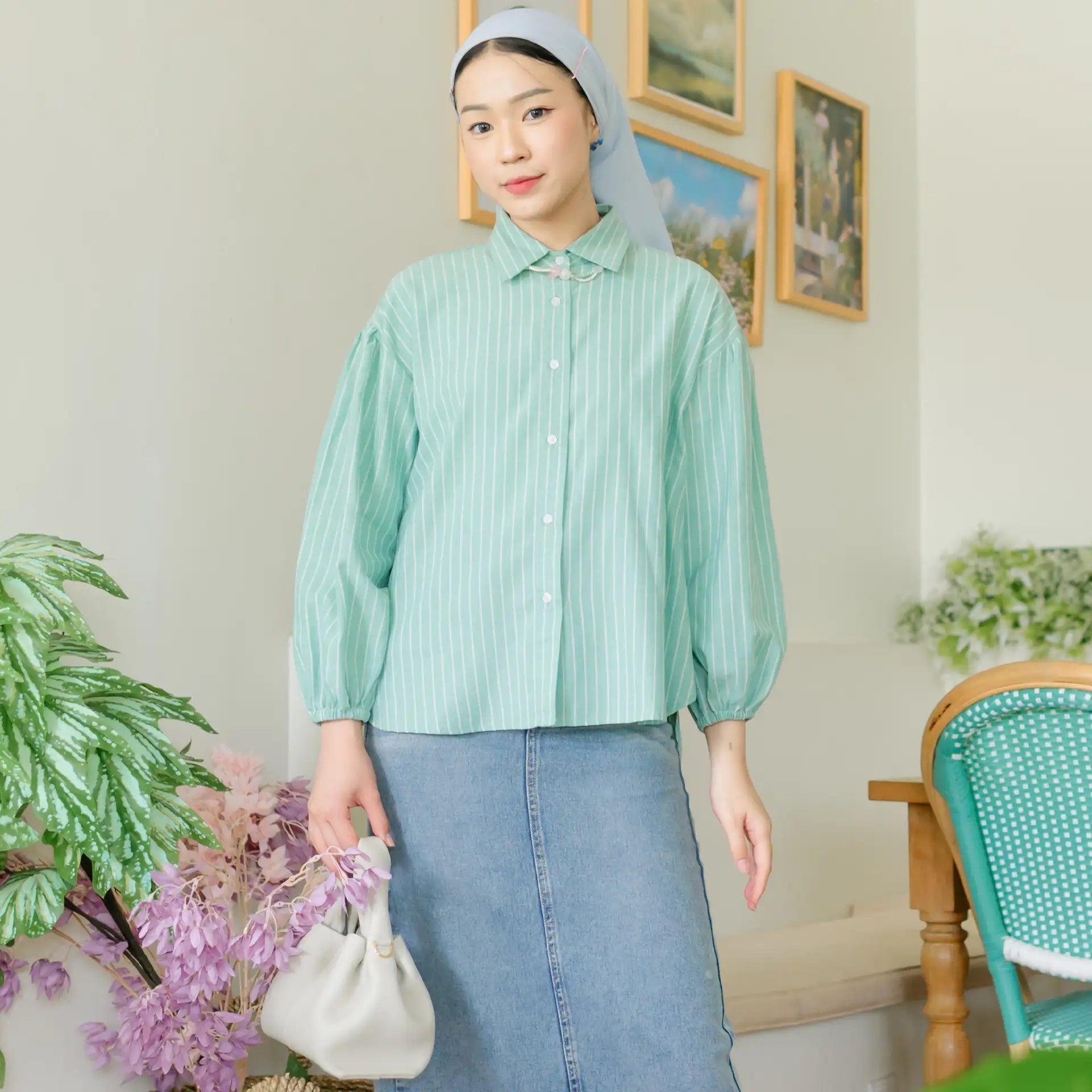 Mirai Jade Green Stripe Top HijabChic atasan kemeja 9