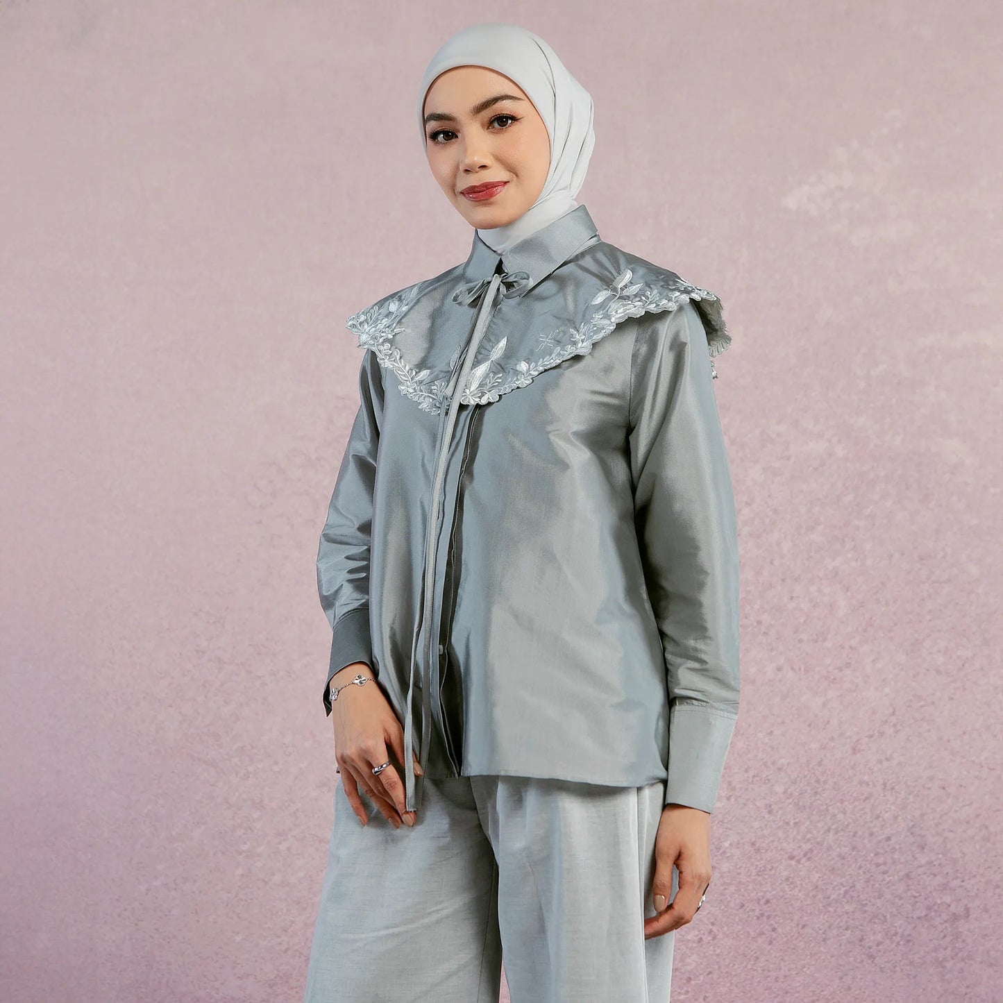 Kara Embroidery Storm Gray Top (HijabChic x Tiqasya) | HijabChic