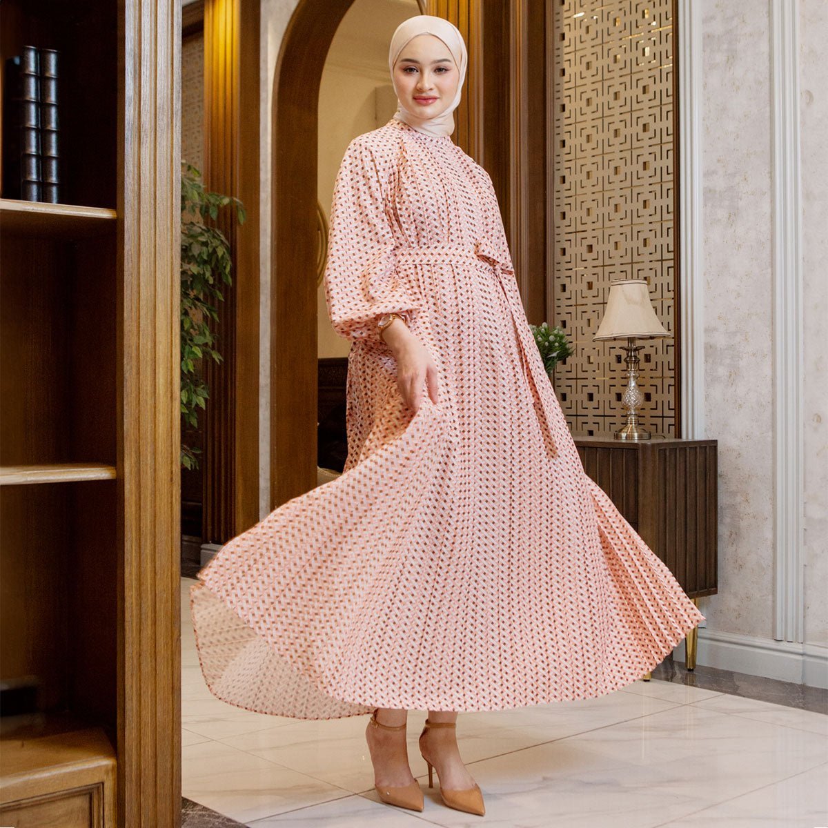 Lunna Peach Brown Geo Dress HijabChic x Sabrina Sosiawan