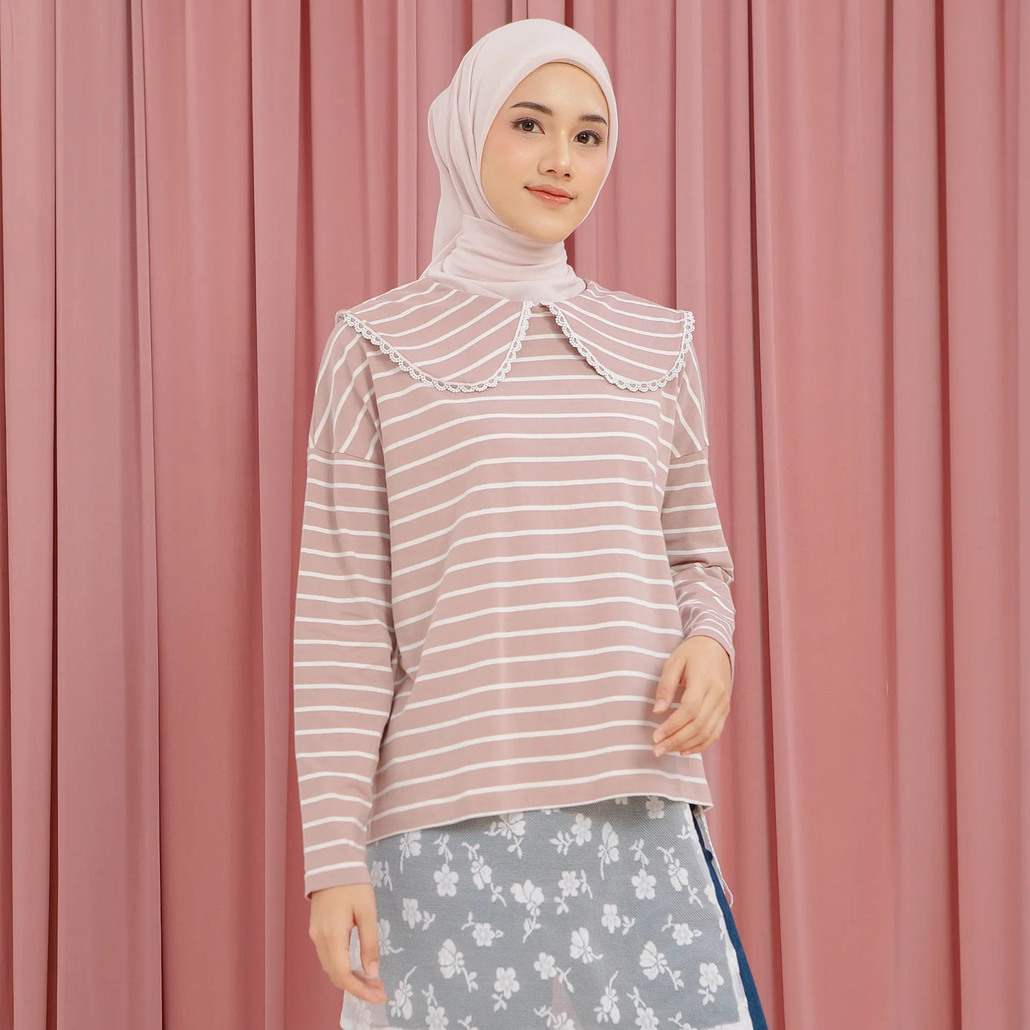 Candice Stripe Mauve White Top | HijabChic