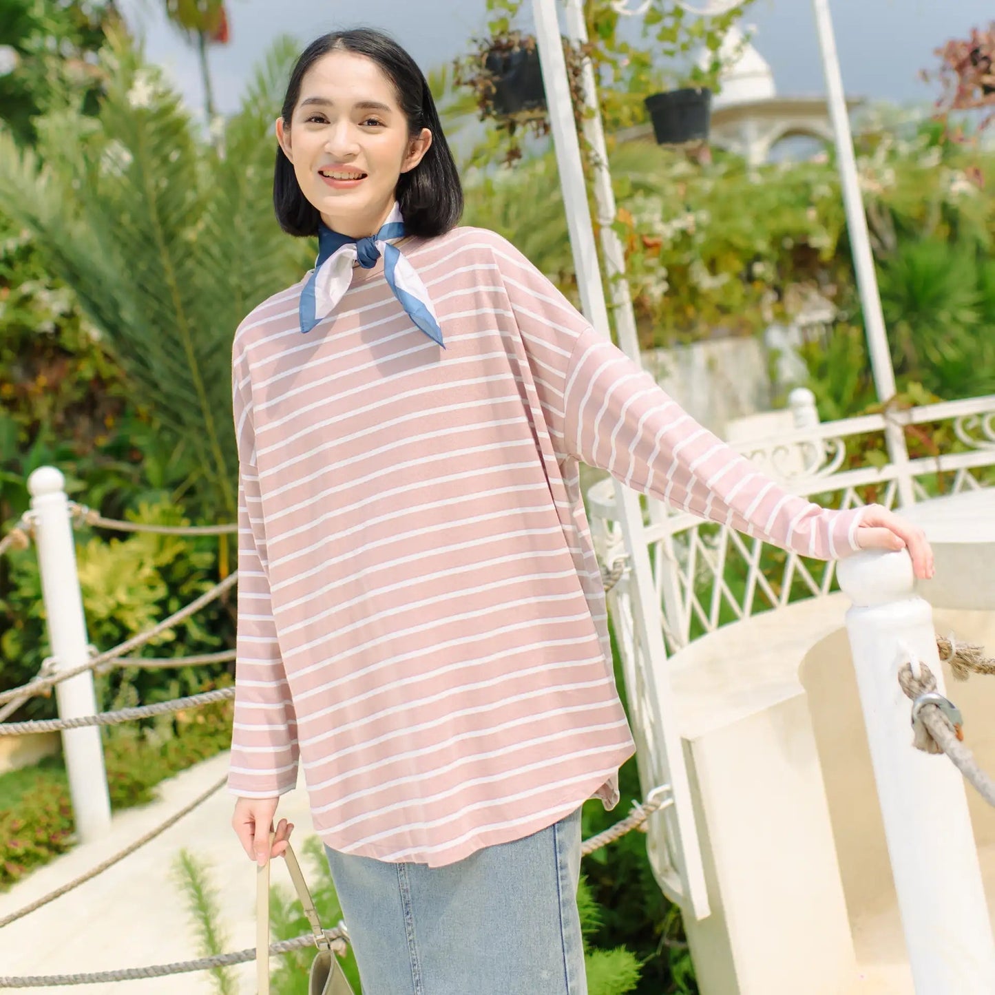 Mayumi Mauve & White Stripe Tops | HijabChic