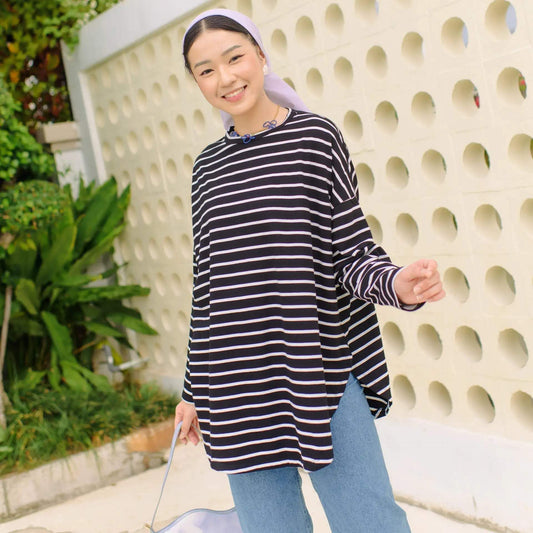 Mayumi Black and White Stripe Tops hijabchic blouse hitam salur