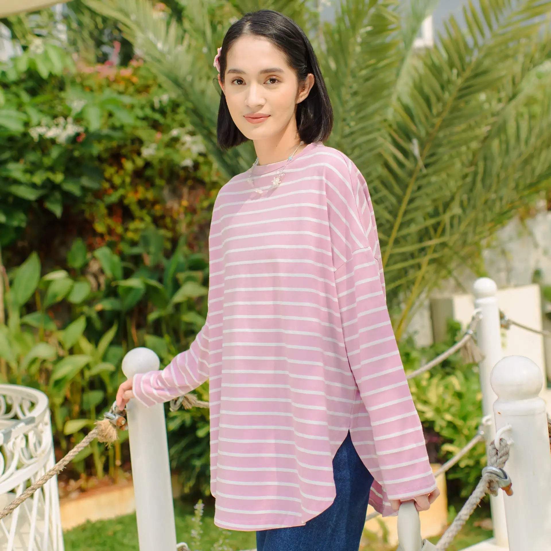 Mayumi Dusty Pink White Stripe Tops hijabchic 1