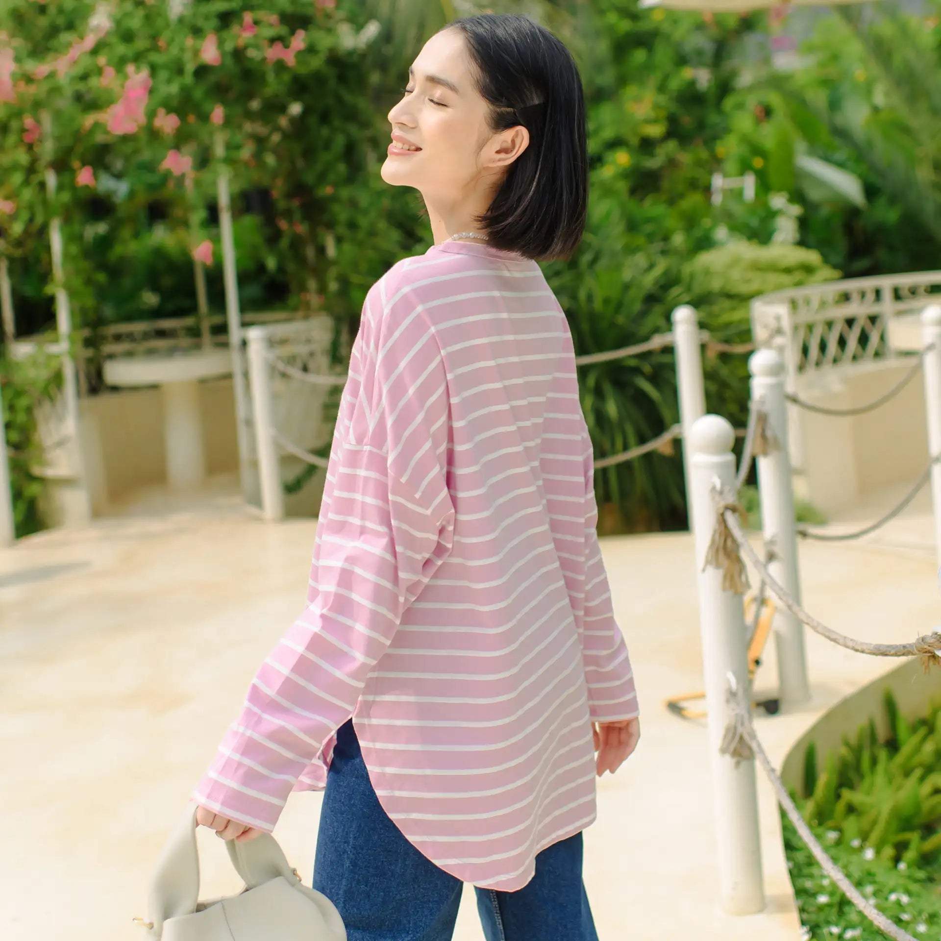 Mayumi Dusty Pink White Stripe Tops hijabchic 2